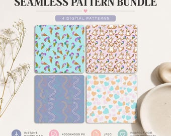 Kawaii Cat Ice cream Seamless Pattern Bundle,Pastel Hearts Digital Paper, Kids Fabric Design,  Pastel Colors Background,Commercial Use