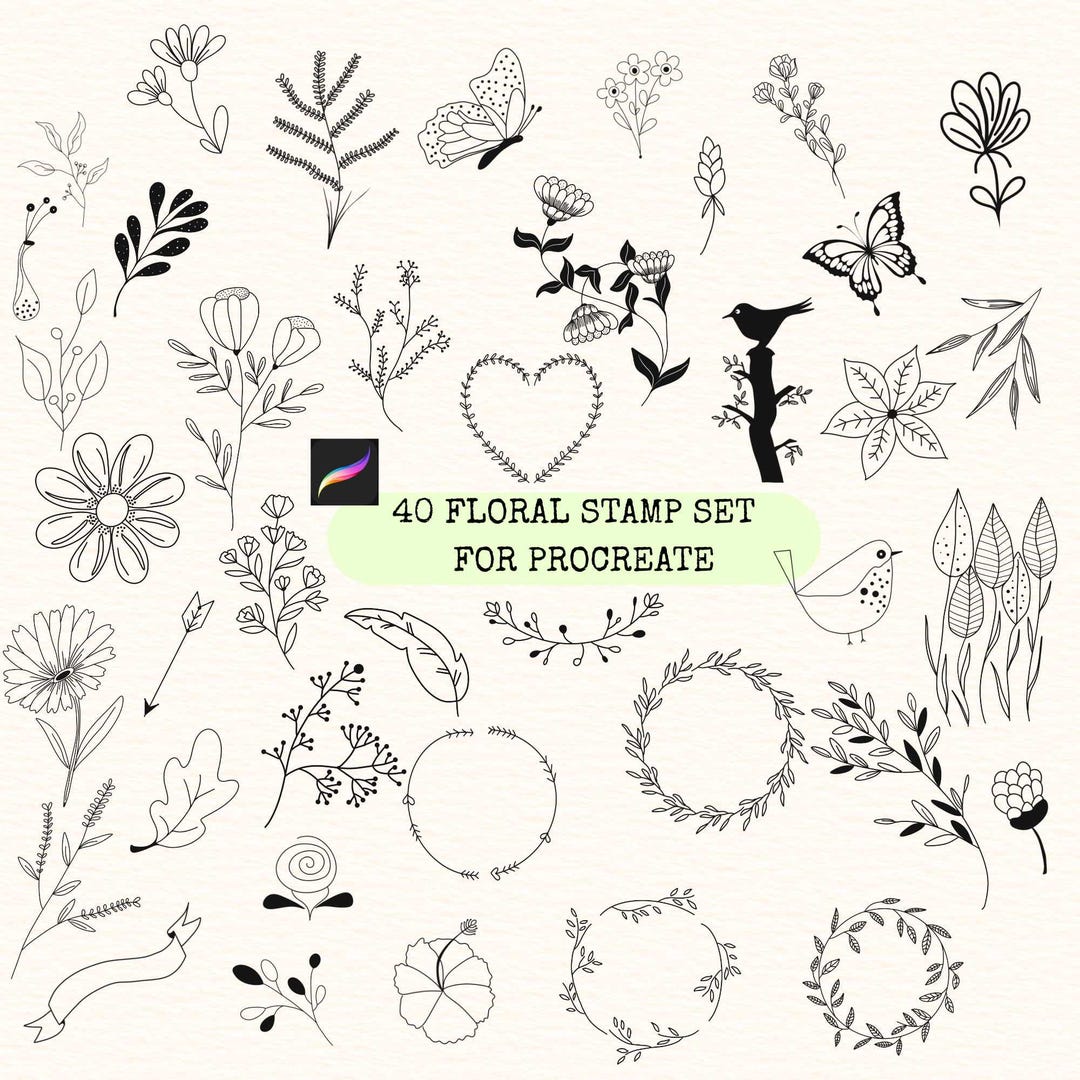 40 Floral Botanical Procreate Brushes, Tattoo Art Stamps (procreate ...