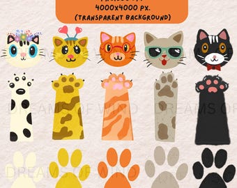 May include: Set of 15 digital illustrations featuring cute hand-drawn cats and paws. The cats are in various poses and have different expressions. The paws are in a variety of colours and patterns. All images have a transparent background.