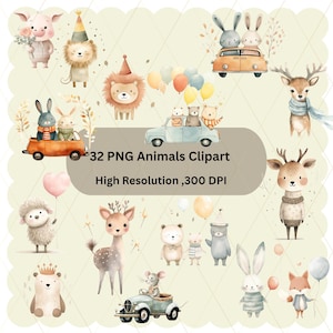 32 set Boho Baby acquerello Clipart, Nursery Animal ClipArt, Newborn Boho Kid Doodle, Baby Shower PNG, Whimsical Cute Animal, Sublimation Design