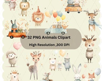 Boho Baby Aquarell Tier Clipart: Kinderzimmer PNG Set (32 Designs), Neugeborenes Kind Doodle, wunderliche Tier Illustration, Neutral Babyparty zeichnen