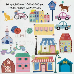 Imágenes prediseñadas de casas, imágenes prediseñadas de vecindario, imágenes prediseñadas de edificios, panadería, ilustración de pueblo, imágenes prediseñadas de casas pequeñas, casas de colores, lindos autos y bicicletas de pueblo