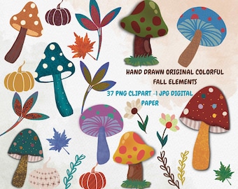 Paquete de imágenes prediseñadas de setas otoñales dibujadas a mano, elementos del bosque (PNG, JPG), diseño de sublimación de setas, elementos del bosque otoñal