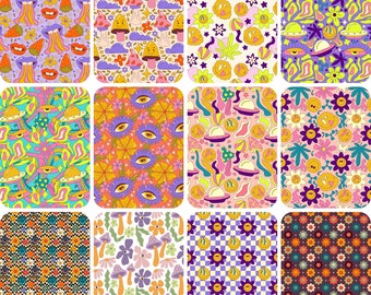 Groovy Psychedelic Digital Paper:12 Retro Patterns (Digital Download),70s background,vintage seamless paper,hippy fabric design,funky shapes