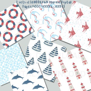 Carta digitale nautica, set di carte digitali per barche a vela Ahoy, modello senza cuciture di ancora, faro, barca, pesce e salvagente, modello per bambini, marino