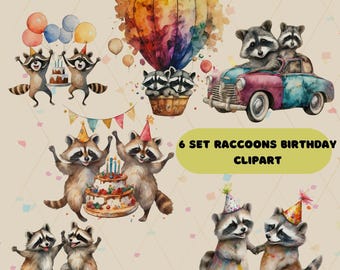 Raccoon Clipart 6 HighQuality png Watercolor Clipart,Happy Birthday clipart,birthday Card Making,Sublimation,birthday stickers,scrapbooking