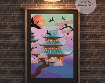 minimalist tokyo wallart,sakura blossoms poster,traditional japan house print,japan travelart,asianinspired decor,japan poster,traveler gift