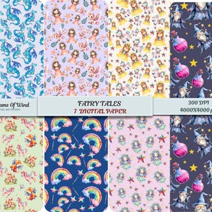 Fairy Digital Paper, Fairy Tale Pattern,Fairy Illustration, Cute Dragon Digital Paper,fantasy Pattern, unicorns castle floral Digital Paper,