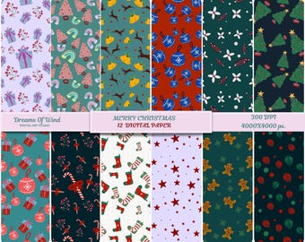 Può includere: Una collezione di dodici carte digitali con motivi natalizi. I disegni includono scatole regalo, alberi di Natale, ornamenti, renne, stelle, omini di pan di zenzero e calze. Il testo "MERRY CHRISTMAS 12 DIGITAL PAPER" è visibile.