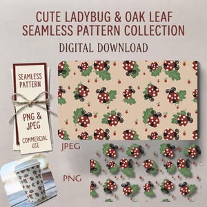 Pode incluir: Uma coleção de download digital com um padrão contínuo de joaninhas vermelhas com pintas pretas e folhas de carvalho verdes sobre fundo bege, exibida com uma etiqueta SEAMLESS PATTERN PNG & JPEG e um copo com o mesmo padrão.