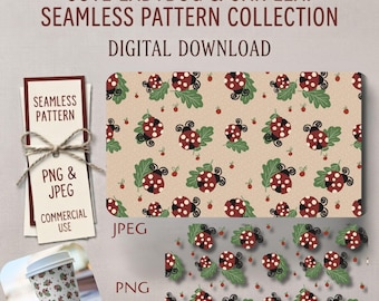 Cute Ladybug Seamless Pattern, Digital Paper for Commercial Use, Red Bug and Oak Leaf Repeat Pattern, Scrapbook Background, Summer Cherry