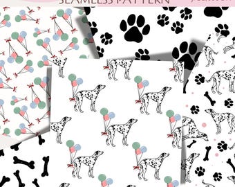 Lot de motifs sans couture dalmatien | Papier numérique pour chiot | Imprimé animal mignon | Utilisation commerciale | Conception de tissu d'anniversaire de pattes de chien, amoureux des chiens
