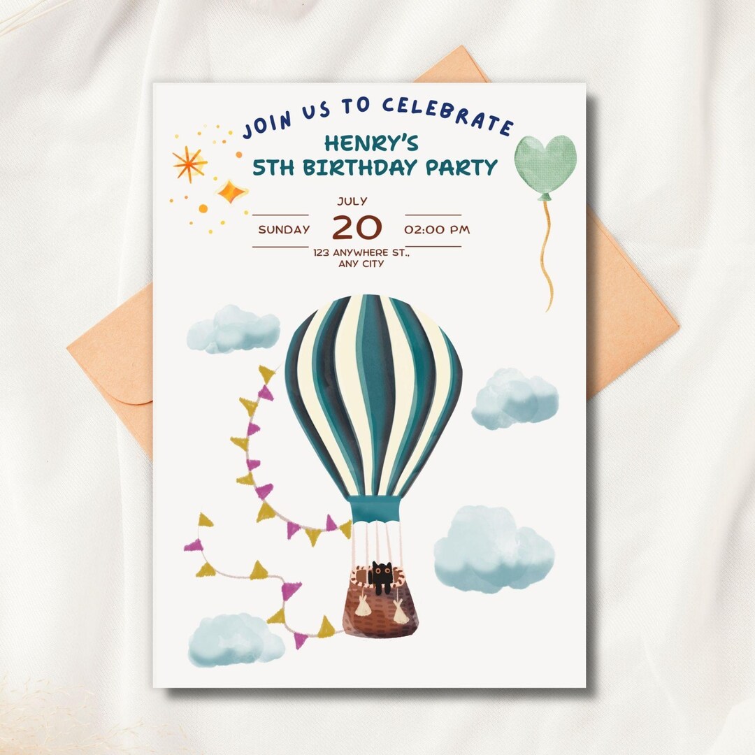 Hot Air Balloon Birthday Invitation Template, Kids Party, Canva ...