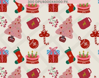 Christmas Seamless Pattern, Preppy Xmas Illustration (Digital Paper),XMas winter themed surface design,red cute kid baby new year fabric
