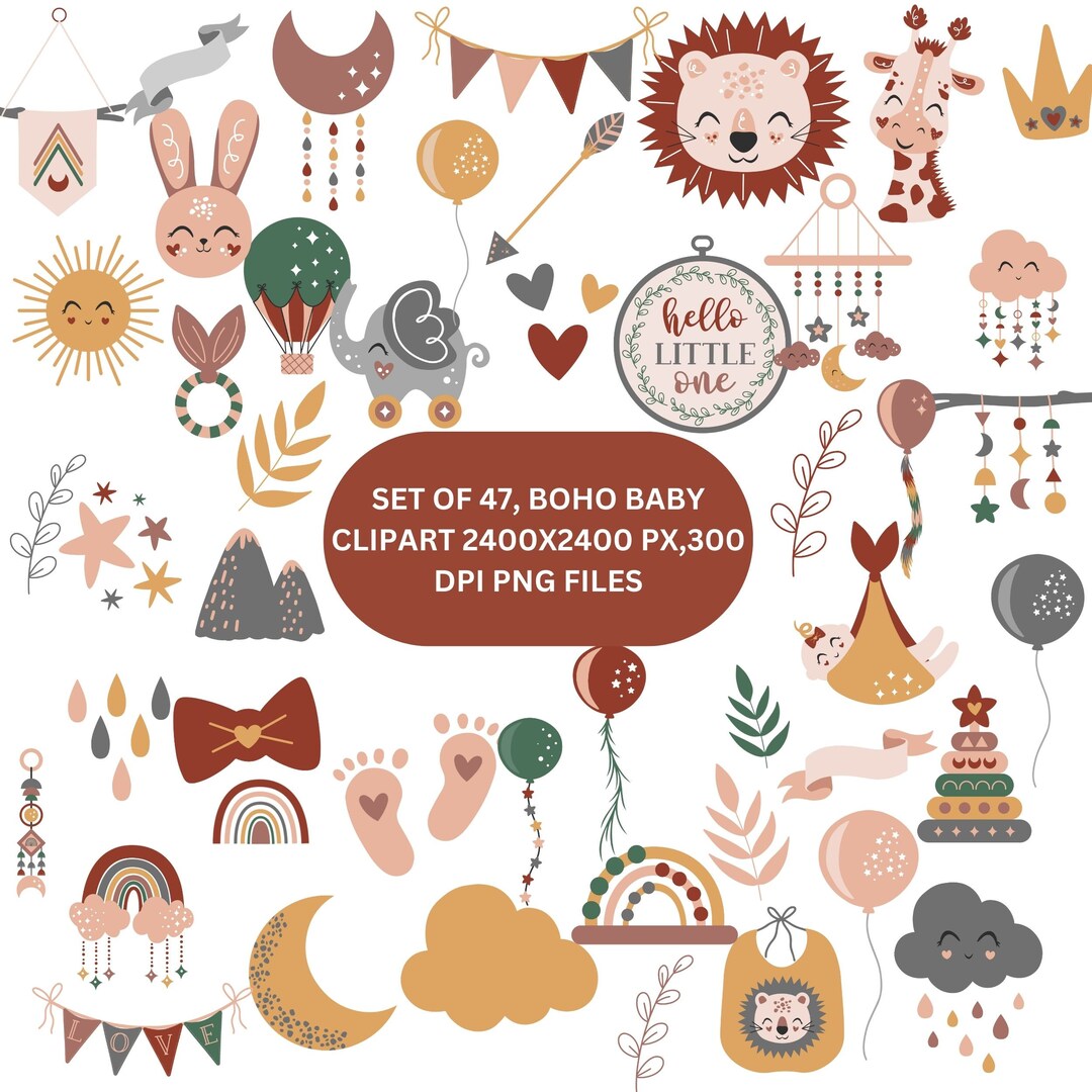 Boho Baby Birthday Clipart, Nursery Animal Clip Art, Newborn Boho Kid ...
