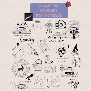 May include: A set of 24 camping-themed stamp illustrations for Procreate, including a camper van, compass, tent, campfire, and other outdoor elements. The text reads "24 Camping Stamp Set for Procreate". The illustrations are in black and white.