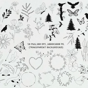Doodle Flower clipart commercial use-clipart handdrawn , branches, leaves, flowers, birds, butterfly - Floral design elements,valentines day