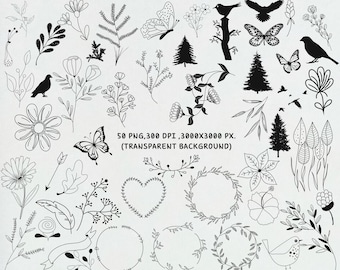 Grafika klipartów z kwiatowymi rysunkami: ręcznie rysowane elementy natury (pobieranie cyfrowe), elementy botaniczne ogrodu kwiatowego, Cottagecore PNG, wiosna letnia
