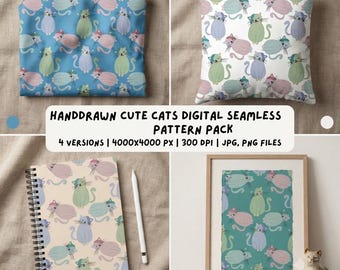 Söt katt sömlöst mönsterpaket, handritade nyckfulla kattungar digitalt papper, akvarell katt tygdesign, kommersiellt bruk, barnrumsinredning