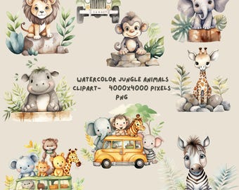 Watercolor Jungle Animals Clipart: Baby Safari PNG (Digital Download),Neutral baby shower elements,Lion Giraffe,Elephant nursery kid decor
