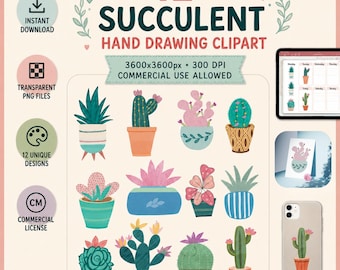 Succulent Clipart Bundle | 12 Hand Drawn Cactus PNG | Botanical Clip Art |Commercial Use |Cute Plant PNG |Instant Download | Planner Clipart