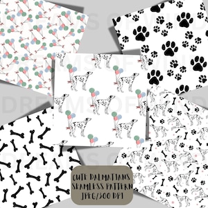 dalmatian dogs seamless pattern,dog breed digital paper,pets repeat pattern,birthday pattern,black&white dalmatian,dog paws, bones balloons