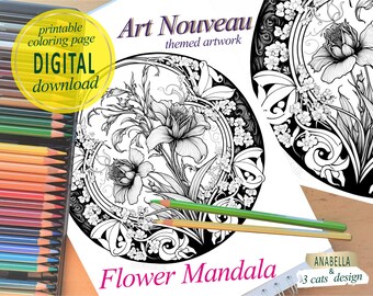 Iris colouring page creative mandala with flowers Art Nouveau themed artwork A4 PDF digital dawnloud