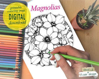 Magnolias colouring page Cute flower drawing A4 PDF digital  download