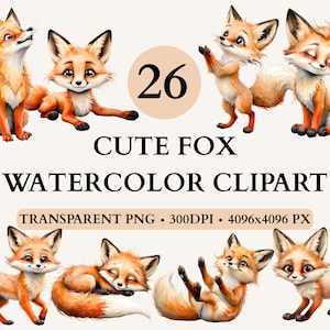 26 Cute Fox Watercolor Clipart, Fox Clipart Bundle, Cute Animal Illustrations, Fox baby Illustrations, Fox Nursery Clipart, Baby Fox Clipart