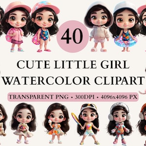 40 imágenes prediseñadas de acuarela de niñas lindas, niñas pequeñas en estilo 3D, imágenes prediseñadas de niños, imágenes PNG de niñas lindas, paquete de imágenes de niñas lindas y peculiares