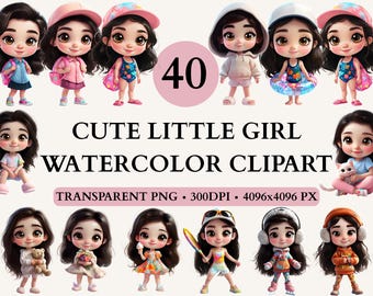 40 Cute Little Girl Watercolor Clipart, 3D Style Little Girls, Children Clipart, Cute Girl PNG, Quirky Cute Little Girl Clipart Bundle