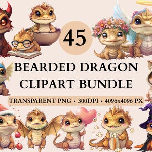 45 schattige baardagaam clipartbundel, digitale png-download, kawaii hagedis reptielenkunst voor kinderen, kinderdagverblijf, ambachten en sublimatie