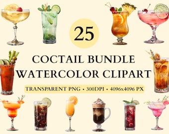 25 Cocktail Clipart Bundle, Colorful Watercolor Drink PNGs, Watercolor Coctails, Tropical Summer Cocktails,  Refreshing Summer Drinks