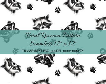 Raccoon Seamless Pattern, Feral Raccoon Design, Repeating Pattern, Fabric Printing, Raccoon Pattern Png, Cute Woodland Animal Digital Paper
