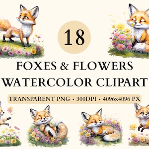 Aquarell Fuchs Clipart, Fuchs und Blumen Clipart, Waldtiere Clipart, süße Fuchs Baby Illustrationen, Fuchs Kinderzimmer Clipart, Baby Fuchs Clipart