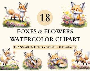 Clipart di volpe ad acquerello, clipart di volpe e fiori, clipart di animali del bosco, illustrazioni di cuccioli di volpe carini, clipart di cameretta per bambini con volpe, clipart di cuccioli di volpe