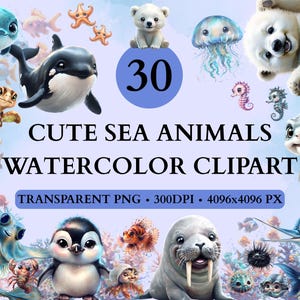 Cute Ocean Animals Watercolor Clipart, Underwater World Sea Creatures, Sealife Animals, Animal Nursery, PNG Digital Art, Marine Life,Quality