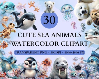 Cute Ocean Animals Watercolor Clipart, Underwater World Sea Creatures, Sealife Animals, Animal Nursery, PNG Digital Art, Marine Life,Quality