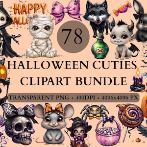 78 Halloween Cuties Clipart Bundle, Cute Spooky PNG Set, Ghosts, Pumpkins, Cats, Bats, Witch Clipart, Watercolor Halloween Clipart