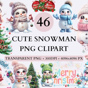 46 Snowman Clipart Bundle, Cute Winter PNGs, Watercolor Holiday Snowmen, Christmas Clipart, Kawaii Snowman PNG, Kawaii Clipart, Snowman PNG