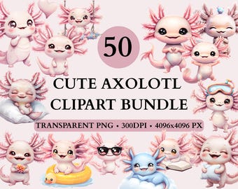 50 schattige Axolotl clipartbundel, aquarel cartoon axolotl png, kawaii axolotl dierlijke digitale kunst, kawaii axolotl clipart, babyshower png