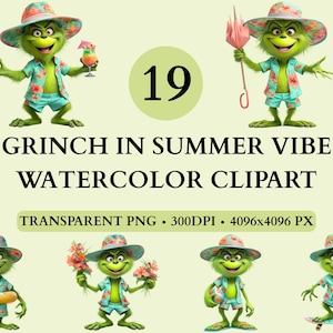 Grinch im Sommer Vibe Aquarell Clipart, Grinch Clipart Digital PNG, lustige grüne Figur im Sommer Clipart, der Grinch stahl den Sommer
