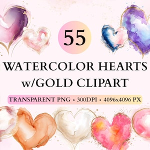 Clipart coeur aquarelle avec or, coeurs colorés pastel, coeur Saint Valentin, coeur d'amour PNG, coeur romantique, tampon coeur, autocollant coeur