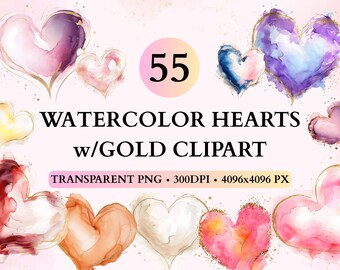 Watercolor Heart Clipart with Gold, Pastel Colorful Hearts, Valentines Day Heart, Love Heart PNG, Romantic Heart, Heart Stamp, Heart Sticker
