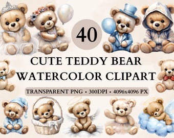 Clipart aquarelle mignon ours en peluche, ours en peluche neutre, clipart ours de chambre d'enfant, ours en peluche beige, ours en peluche rose, ours en peluche bleu, bébé ours