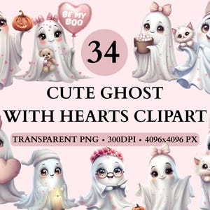 34 Cute Ghost with Hearts Clipart Bundle, Halloween Clipart PNG, Spooky Ghosts PNG, Ghost Clipart, Ghost Watercolor Clipart, Cartoon Ghost