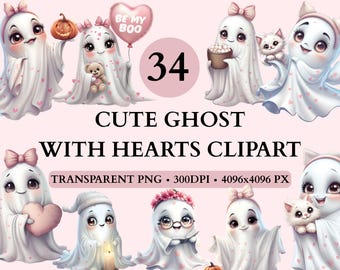 34 Cute Ghost with Hearts Clipart Bundle, Halloween Clipart PNG, Spooky Ghosts PNG, Ghost Clipart, Ghost Watercolor Clipart, Cartoon Ghost