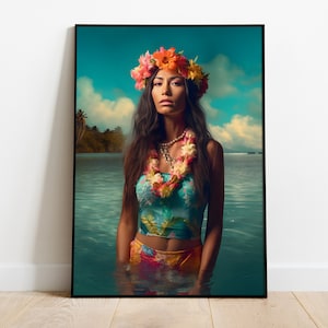 Poster Vahine Hula Girl Poster Tahiti Polinésia ideias para presentes de férias Arte de parede Mural Havaí Retrato