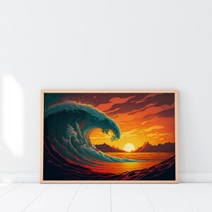 Wellen-Poster, Sonnenuntergang, Wellen-Sonnenuntergang, Ozean-Poster, untergehende Sonne, Sommer, künstlerischer Urlaub, Surfen, Heimdekoration, Geschenkideen, Wandkunst, Wandbild