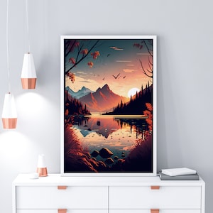Poster di montagna al tramonto, riflesso sul lago, autunno, vettore, pastello, tramonto in montagna, poster di montagna